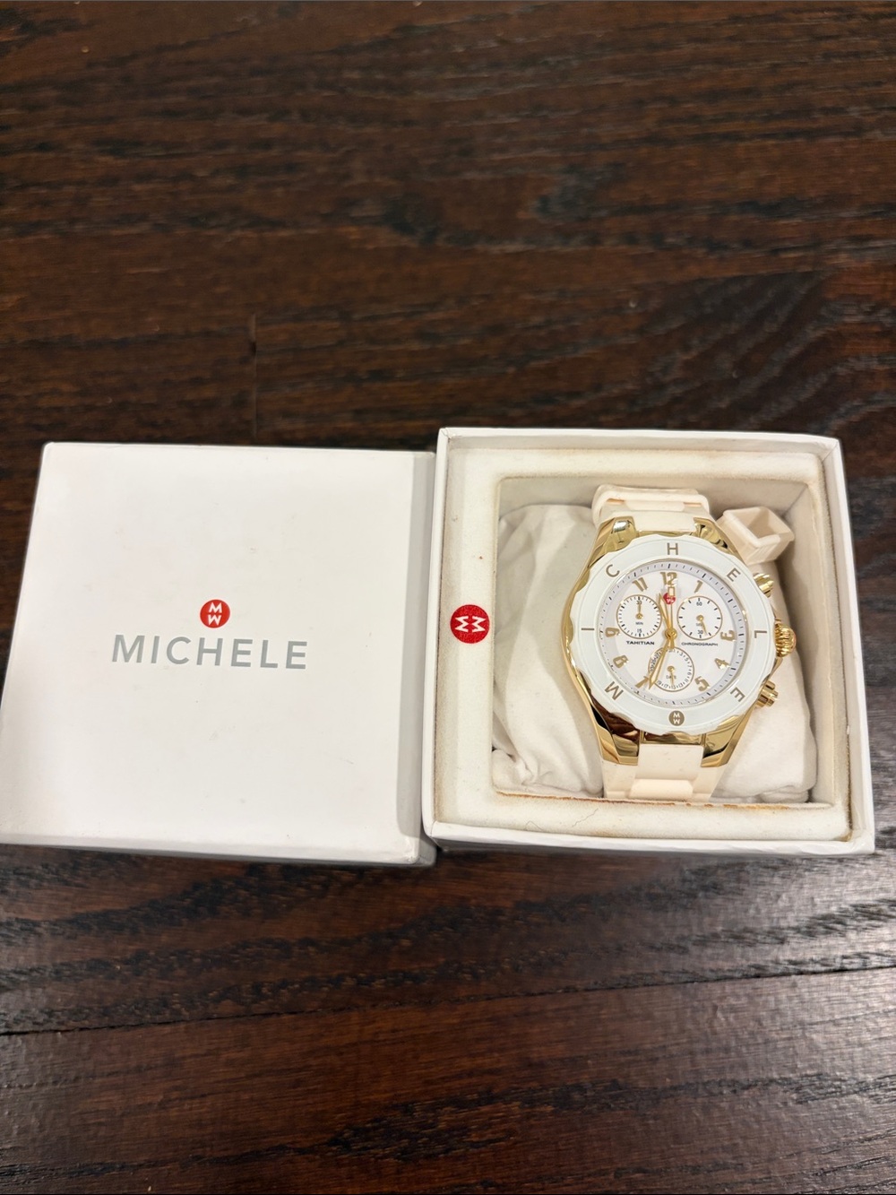Michele Gold-Tone Chronograph Watch with White Dial and Ivory Strap